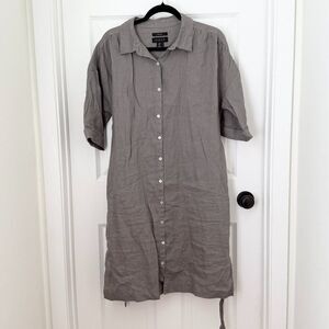 Women Tahari Button Linen Chambray Shirt Dress Short Sleeve in Gray Size Large
